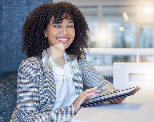 Image of Office portrait, happy and woman with tablet for bank administration, finance review or budget funding analysis. Banking admin, financial advisor or professional biracial person with vocation pride