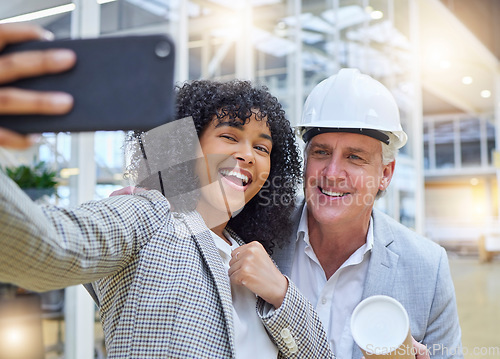 Image of Architect selfie, diversity and happy team with memory picture of architecture engineering partnership. Collaboration, teamwork and people at property project, real estate development or office site