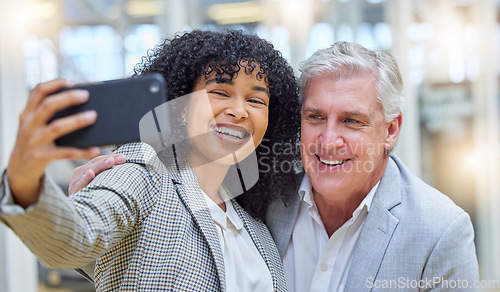 Image of Selfie, friends and employees with success, smile and executives with new project, development and profile picture for website. Coworkers, black woman or mature man with happiness, business or career