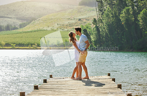 Image of Lake, dancing or bonding nature couple on outdoor quality time together, fun countryside adventure or weekend getaway. Freedom peace, water or playful woman, man or romantic people dance on love date