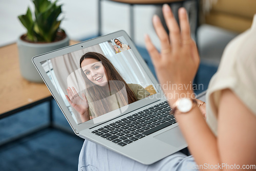 Image of Laptop screen, wave and video call with woman in living room for communication, contact and hello. Smile, virtual meeting and friends with person at home for online chat, conference and social media