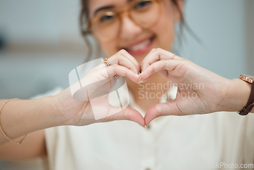 Image of Heart, love and happy with hand of woman for thank you, support and peace. Kindness, hope and motivation symbol with closeup of female person and sign at home for emoji, care and romance icon