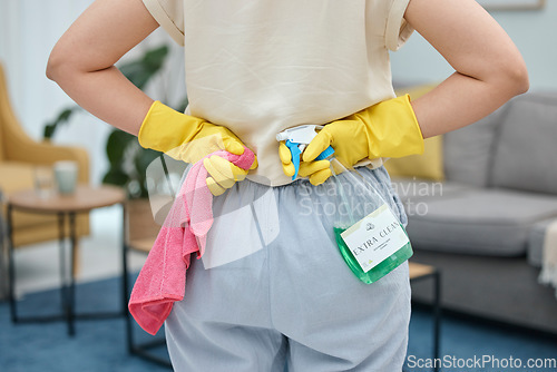 Image of Back of woman, cleaning cloth and bottle with gloves for home disinfection of dirt, bacteria and dust. Closeup hands of female person ready for housekeeping with chemical spray and detergent product