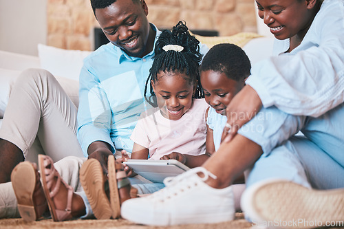 Image of Streaming, happy and tablet with black family in living room for relax, games and elearning app. Digital, technology and internet with parents and children at home for movies, education and network