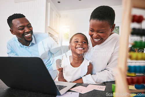 Image of Black family, laptop and elearning, education and happy, parents help child with kindergarten school work. Teaching, learning and support, man and woman with young boy at home, online class and fun