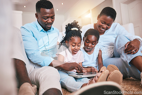 Image of Relax, happy and tablet with black family in living room for streaming, games and elearning app. Digital, technology and internet with parents and children at home for movies, education and network