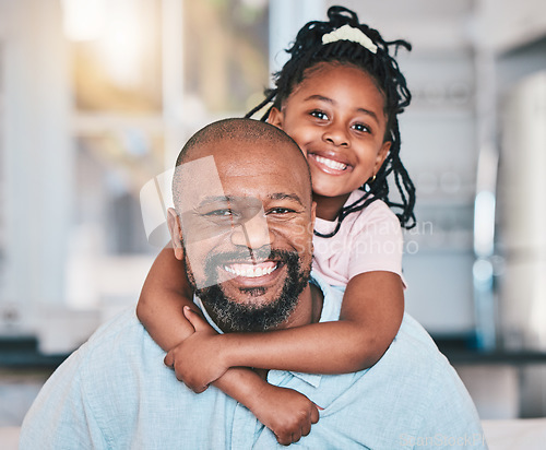 Image of Grandfather, black family and portrait of child in home living room, bonding and relax together. African grandpa, happy and face of girl kid with care, love and smile to enjoy quality time in house