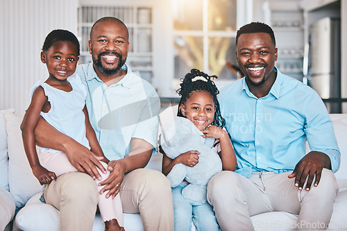 Image of Black family, grandfather or portrait of father with children or smile bonding to relax together in home. African grandpa, happy kids siblings or parent with care or love enjoying time on house sofa