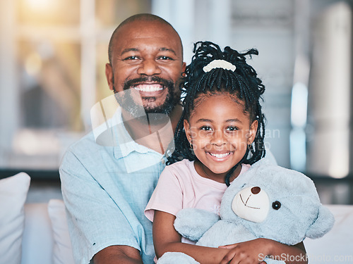 Image of Black family, grandfather and portrait of girl in home living room, bonding and relax together with teddy bear. African grandpa, happy and face of child with care, love and smile in house with toys