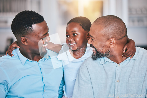 Image of Black family, grandfather and father with girl in home, bonding and relax together. African grandpa, dad and happy child with care, love and smile, enjoying quality time and hug to embrace in house