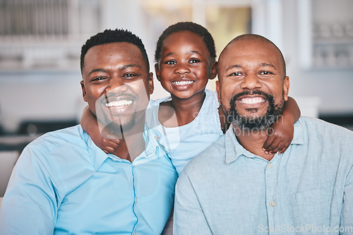 Image of Black family, grandfather and father with girl in portrait, bonding and relax together in home. African grandpa, dad and face of child with care, love and smile, happy and enjoying quality time