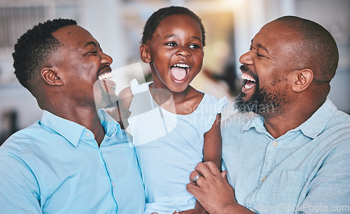 Image of Black family, grandfather or dad laughing with child bonding or playing to relax together at home. African grandpa, happy funny kid or happy dad tickling girl with care, smile or love enjoying humor