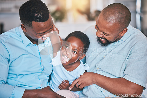 Image of Black family, grandfather or dad playing with child bonding or laughing to relax together at home. African grandpa, happy funny kid or happy dad tickling girl with care, smile or love enjoying humor
