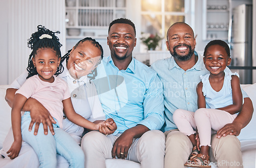 Image of Black family, grandparents and father on a couch with children on sofa bonding, smile and happy in a home. African, parents and dad relax with kids as love, care and support in living room or lounge