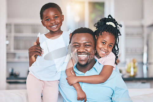 Image of Father, happy and portrait of black children in home, bonding and relax together. African dad, face smile and kids with care, love and enjoying quality time with family in living room sofa in house