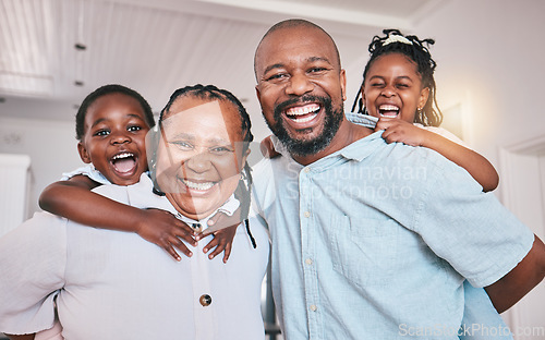 Image of Portrait, grandmother and grandfather with black kids, smile and family bonding together in home. African grandma, grandpa and face of children with care, love or happy for funny laugh with piggyback