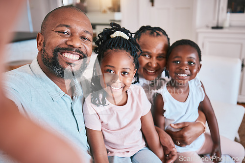 Image of Selfie, father and portrait with black family on sofa in living room with love in home Memory, happy face and man, kid and grandmother on couch for quality time or profile photo with african people.