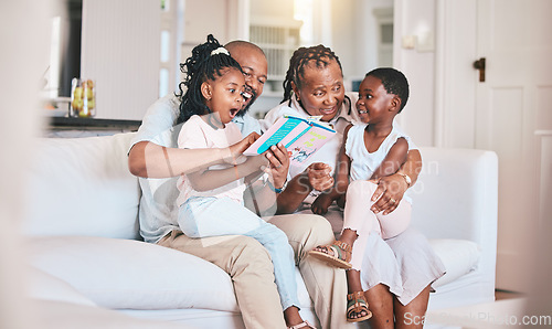 Image of Learning, reading book and black family with surprise on sofa in home living room. African grandpa, grandma and storytelling with kids, wow and shocked on couch for education, study and bonding