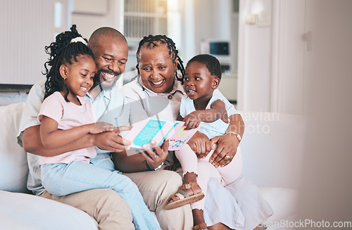 Image of Learning, reading book and black children with grandparents on sofa in home living room. African family, storytelling and happy kids with grandma and grandpa on couch for education, study and bonding