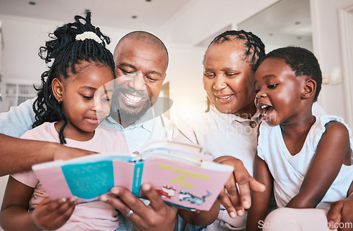 Image of Education, happy kids or grandparents storytelling for learning, child development or bonding at home. Grandmother, black family or grandfather reading book for children with love, smile and support