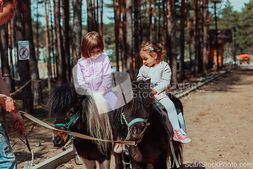 Image of Two little girls having fun in the park while riding small horses
