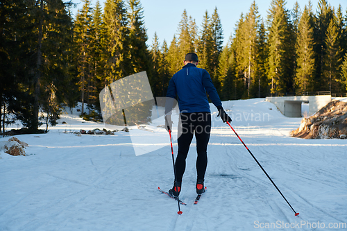 Image of Nordic skiing or Cross-country skiing classic technique practiced by man in a beautiful panoramic trail at morning.Selective focus.