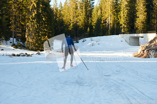 Image of Nordic skiing or Cross-country skiing classic technique practiced by man in a beautiful panoramic trail at morning.Selective focus.