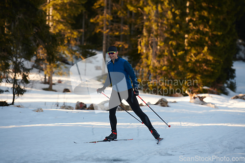 Image of Nordic skiing or Cross-country skiing classic technique practiced by man in a beautiful panoramic trail at morning.Selective focus.