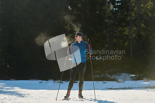 Image of Nordic skiing or Cross-country skiing classic technique practiced by man in a beautiful panoramic trail at morning.Selective focus.