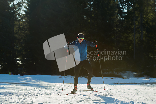 Image of Nordic skiing or Cross-country skiing classic technique practiced by man in a beautiful panoramic trail at morning.Selective focus.