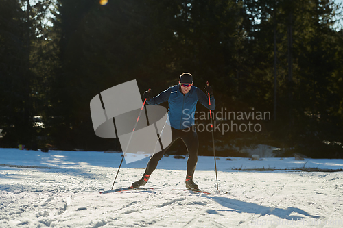 Image of Nordic skiing or Cross-country skiing classic technique practiced by man in a beautiful panoramic trail at morning.Selective focus.