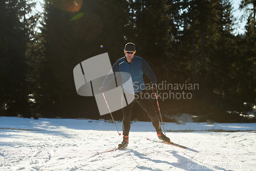 Image of Nordic skiing or Cross-country skiing classic technique practiced by man in a beautiful panoramic trail at morning.Selective focus.