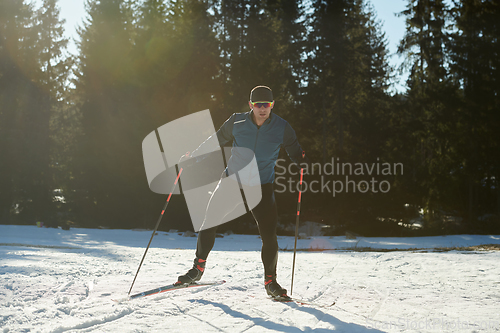 Image of Nordic skiing or Cross-country skiing classic technique practiced by man in a beautiful panoramic trail at morning.Selective focus.