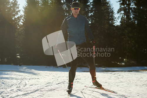 Image of Nordic skiing or Cross-country skiing classic technique practiced by man in a beautiful panoramic trail at morning.Selective focus.