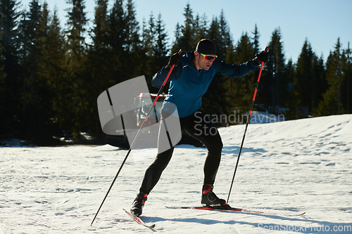 Image of Nordic skiing or Cross-country skiing classic technique practiced by man in a beautiful panoramic trail at morning.Selective focus.