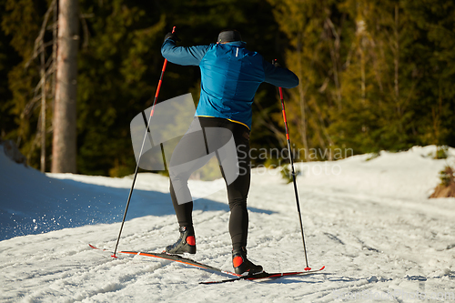 Image of Nordic skiing or Cross-country skiing classic technique practiced by man in a beautiful panoramic trail at morning.Selective focus.