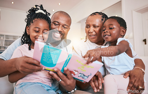 Image of Education, happy kids or grandparents reading book for learning, child development or bonding at home. Grandmother, black family or grandfather storytelling with children with love, smile and support