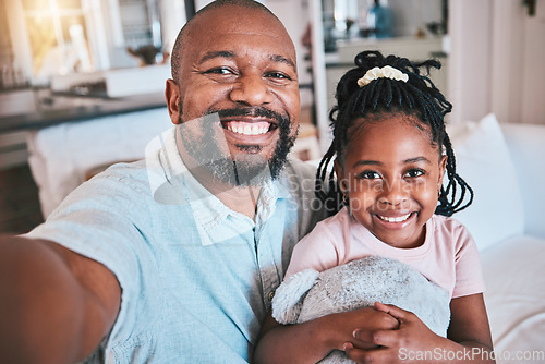 Image of Grandfather, selfie and portrait of black kid in home living room, bond and relax together. African grandpa, happy and face of girl child with family care, love or smile for profile picture in house
