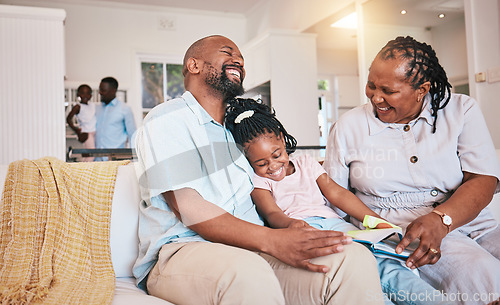 Image of Laughing, girl or happy grandparents reading book for learning, child development or bonding at home. Funny grandmother, black family or grandfather storytelling with kid with love, smile or support