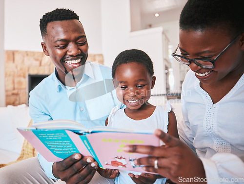 Image of Reading, parents and girl with book in living room for bonding, quality time and child development. Happy family, home and mother, father and kid on sofa with story, fairytale and novel for learning