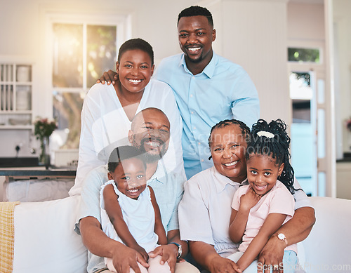 Image of Grandparents, big family or portrait of happy kids with parents bonding together on holiday weekend. Grandfather, grandmother or African dad smiling with mom, girl or children with support at home