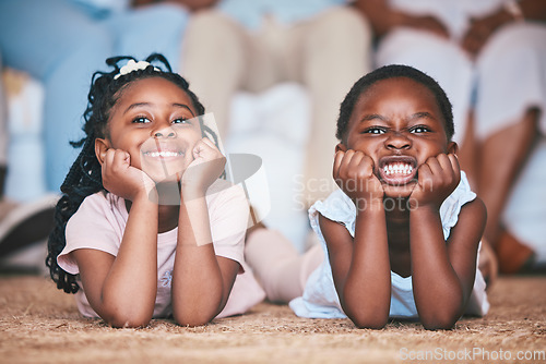 Image of Relax, girls or portrait of happy kids on the floor, carpet or mat bonding or playing in family home together. Funny, children or faces of African children siblings love resting or enjoying holiday