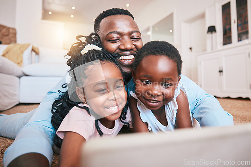 Image of Online, happy and tablet with black family in living room for streaming, games and elearning app. Digital, technology and internet with man and children at home for movies, education and network