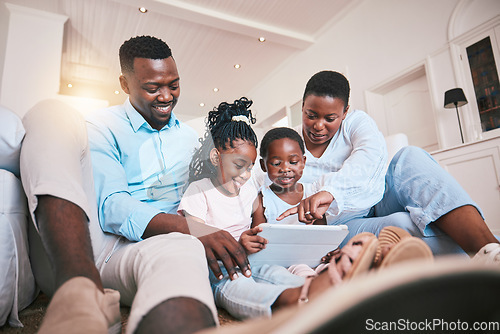 Image of Relax, streaming and tablet with black family in living room for happy, games and elearning app. Digital, technology and internet with parents and children at home for movies, education and network