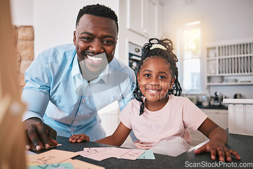 Image of Black man, girl and education, portrait and happy, father helping child with school work at kitchen table. Teaching, learning and support, people at home with academic development and growth