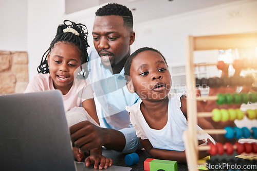 Image of Black family, laptop and elearning, father and girl children, education and helping with math school work. Teaching, learning and support, black man with young female kids at home in online class
