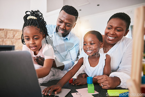 Image of Black family, laptop and elearning, education and happiness, parents help children with school work. Teaching, learning and support, man and woman with young kids at home, online class and fun