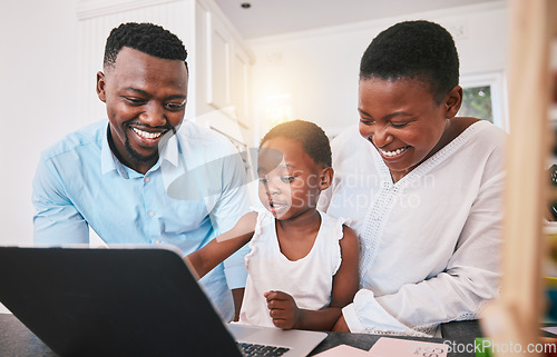 Image of Teaching, parents and girl with a laptop, home and happy with technology, network or connection. Black family, mother or father with female child or kid with elearning, homeschool or education game