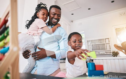 Image of Black man, girl children are happy with building blocks, games and people at home playing with toys. Education, learning and support, development and growth, dad and female kids, puzzle and childcare