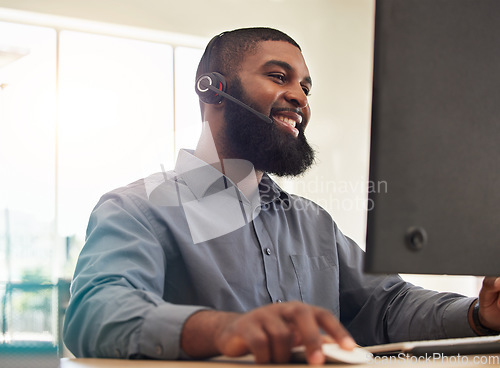 Image of Man, computer and call center for happy communication, sales advisor and customer support in e commerce. Agency worker, telecom and african person with virtual chat, helping or web contact on desktop